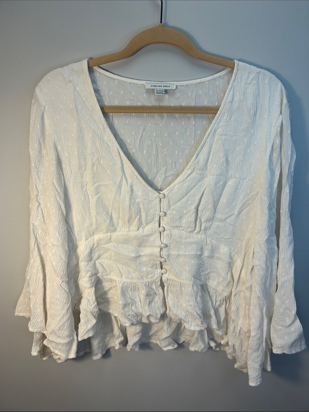 American Eagle Outfitters Cream V-Neck Button Peplum Blouse BOHO